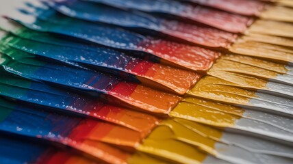 Close up of vibrant paint swatches in rainbow order