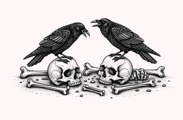 Naklejka premium Detailed engraving style raven perched on a human skull