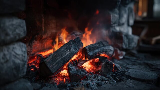 Warmth of a crackling fireplace with glowing embers on a chilly evening in a cozy cabin retreat