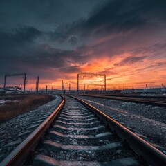 Obraz premium Curving train tracks leading towards a fiery sunset sky