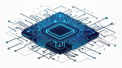 Isometric view of a neon blue digital processor with circuits, representing technology and data