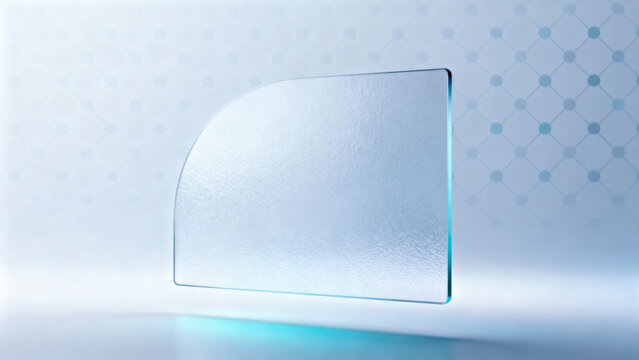 Minimal frosted glass panel with rounded edges floating against a light, geometric tech-inspired background in cool blue tones.