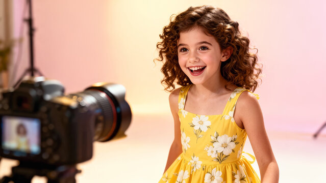 Child looks joyfully at camera while posing for photo shoot. Bright studio backdrop enhances playful mood. Concept of photography, modeling, children's fashion
