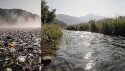 Polluted River vs Clean River Environmental Contrast.
