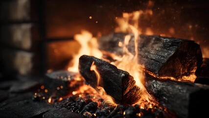 Warm glow of a crackling fire in a cozy setting, capturing the flickering flames and glowing embers on a chilly evening - Powered by Adobe