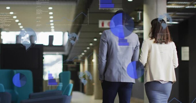 Business colleagues walking, woman holding device activating animated charts and reviewing data