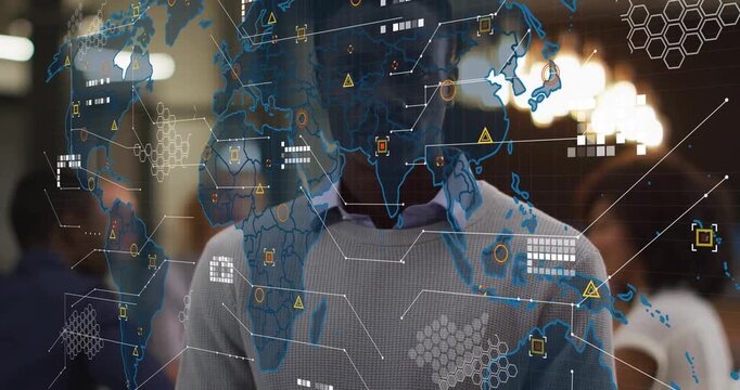 Executive viewing faint map appearing, spreading data overlay with hexgrid and lines, gaining intel