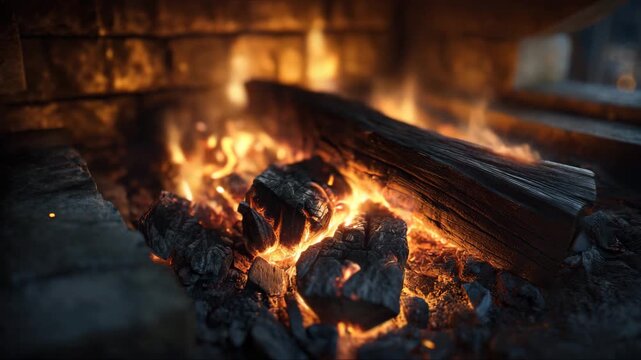 Warm glow of a crackling fire near the fireplace on a cozy evening with glowing embers and logs
