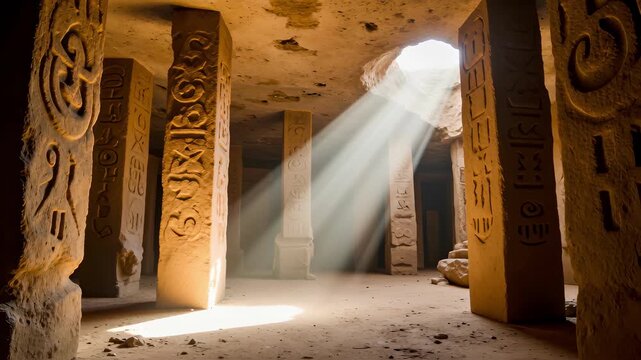 Merkaba and ancient esoteric sacred symbols carved on stone pillars in an ancient cave