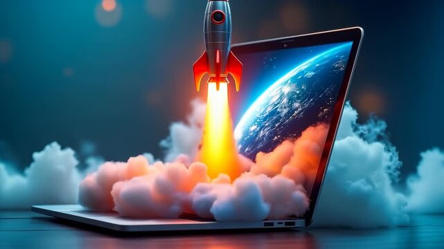 A rocket taking off a laptop keyboard - business brilliant idea concept