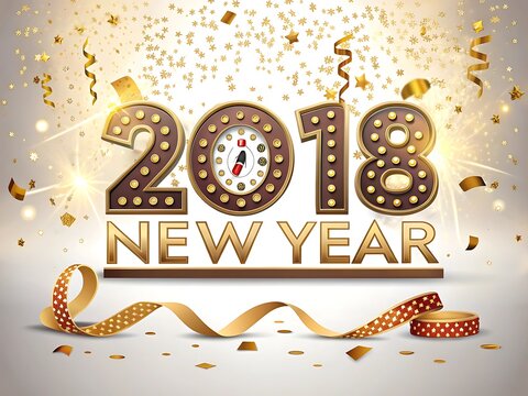 Happy new year 2018 celebration with confetti and ribbons