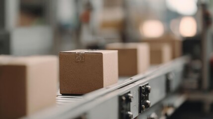 Row of cardboard boxes on a conveyor belt in a warehouse. the boxes are brown in color and appear to be made of cardboard. the belt is made of metal and has several buttons on it.