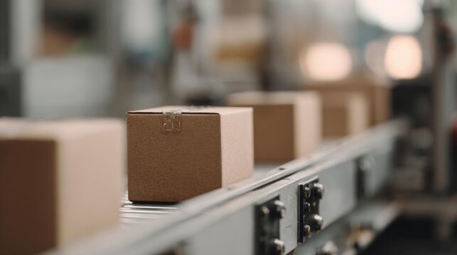 Row of cardboard boxes on a conveyor belt in a warehouse. the boxes are brown in color and appear to be made of cardboard. the belt is made of metal and has several buttons on it.