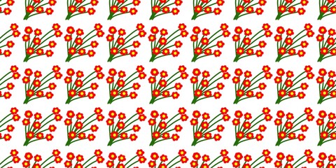 A seamless floral pattern featuring red flowers with yellow centers and green stems on a white background, perfect for fabrics, wallpapers, packaging, and cheerful decorative designs.