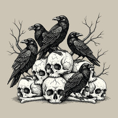 Naklejka premium dark gothic illustration of ravens perched on human skulls in vintage engraving style