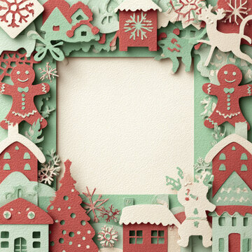Layered paper cut Christmas frame with gingerbread men, houses, and reindeer in festive red and mint colors