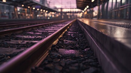 Low angle view down train tracks at dusk