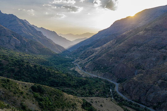 Sunset Haze Over the Serpentine Roads of the Vorotan Gorge