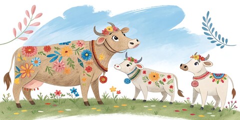 Fototapeta premium Whimsical cows adorned with colorful flowers in a meadow