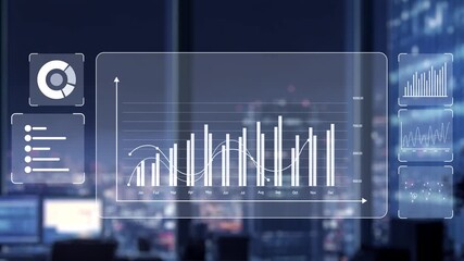 A futuristic robot points to a digital screen filled with charts and graphs, showcasing data analysis in a modern office that overlooks a vibrant cityscape at night. Auvana - Powered by Adobe