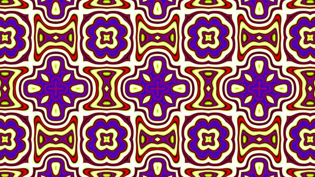 Geometric tile animation with purple, yellow, and red symmetrical shapes.