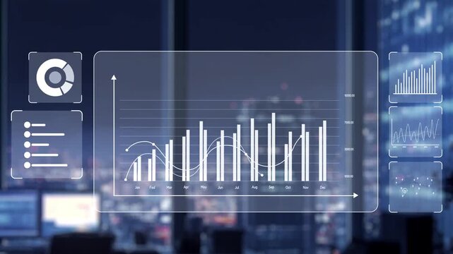 A futuristic robot points to a digital screen filled with charts and graphs, showcasing data analysis in a modern office that overlooks a vibrant cityscape at night. Auvana - Powered by Adobe