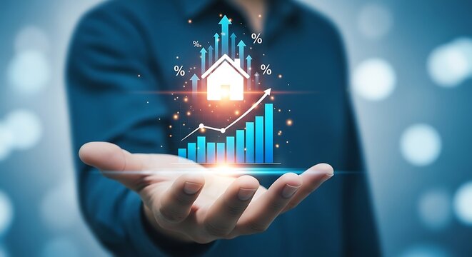 Person holding glowing digital house icon with upward trending financial graph and data visualizations
