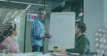 Overlay appearing as host moving easel, drawing bar chart while team watching and planning business - Powered by Adobe