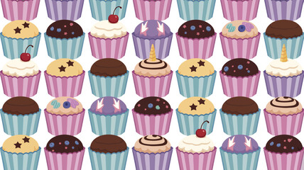 A colorful assortment of decorative cupcakes fills the entire frame with vibrant patterns.