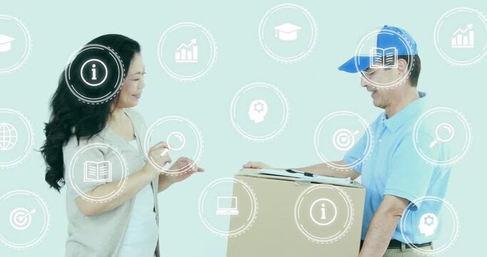 Woman signing receipt lifting parcel to accept delivery, courier steadying box, info icons floating