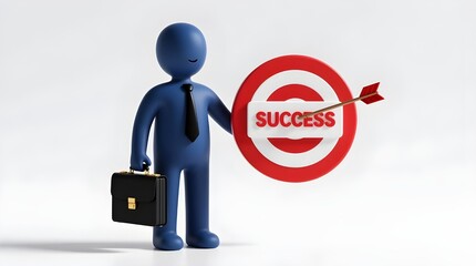 3D navy blue business character holding success target and briefcase on white background - bullseye, achievement, corporate