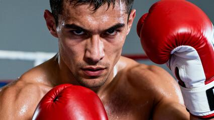 Boxer in red gloves showing determination while training in gym. Streamlined interior with boxing ring in background. Concept of sports, fitness, athletic training