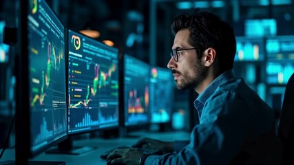 Professional at dual monitors in technology control‑room analysing cybersecurity data | IT specialist working in dark environment with multiple screens and data graphs | Male engineer monitoring netwo - Powered by Adobe