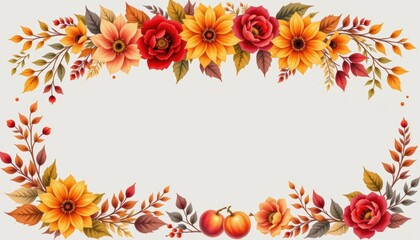 Obraz premium Vibrant Autumn Floral Border with Colorful Flowers and Leaves in Warm Shades of Orange Red and Yellow