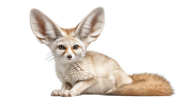 Fennec fox sitting upright in Morocco, isolated on white background