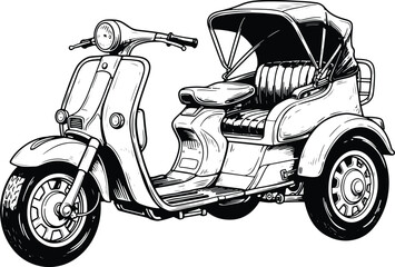 Obraz premium Hand-drawn vintage scooter rickshaw illustration featuring a retro three-wheeler vehicle in detailed outline vector style