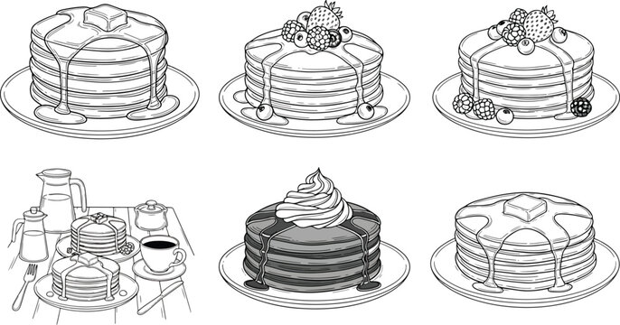 Hand-drawn pancake illustration collection featuring stacked pancakes with syrup, butter, fruit toppings and a classic breakfast table setup