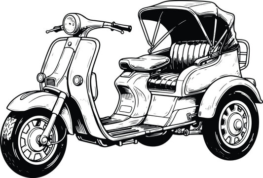 Hand-drawn vintage scooter rickshaw illustration featuring a retro three-wheeler vehicle in detailed outline vector style