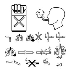 Cigarette cross mark No smoking signage line art icons. cigarette with cross, cigarette inside red circle, broken cigarette icon, smoke rising crossed out,