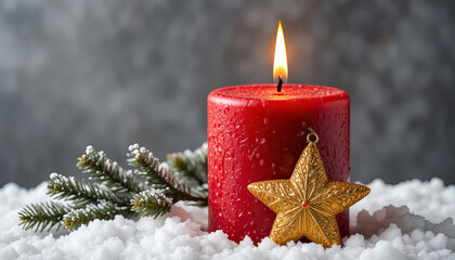 Red Christmas Candle with Gold Star Ornament on Snowy Pine Background