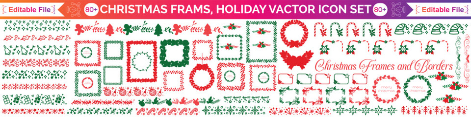 Christmas frame set, winter holiday border, New Year celebration decor print, hand drawn pine branch. Traditional festive postcard geometric garland design, wavy ribbon bow. Christmas frame party kit