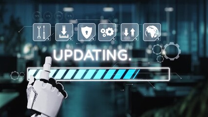 A futuristic robotic hand interacts with a digital interface showing an update progress bar in a modern office environment, emphasizing technology and automation. Auvana - Powered by Adobe