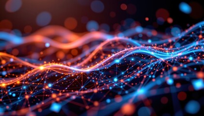 Abstract Digital Waves of Light in Vibrant Blue and Orange Colors Representing Technology and Data Flow