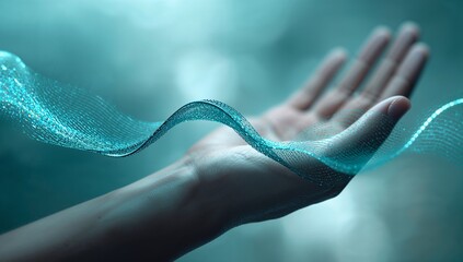 Experience the flow of futuristic technology with open hand and vibrant blue energy wave, perfect for conveying innovation, digital transformation, and connection