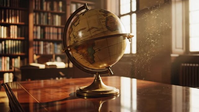 Vintage Globe on a Wooden Desk in a Classic Library Setting.