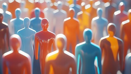 Row of vibrant 3D human-like figures with a metallic finish — banner concept for diversity, equality, teamwork, and unity.