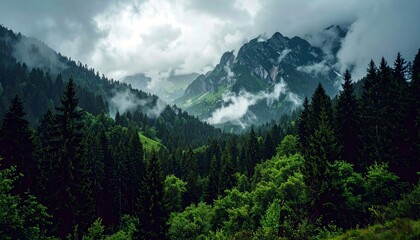 A dramatic mountain landscape with dark, misty clouds partially obscuring the peaks, above a lush, dark green pine forest.