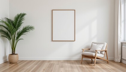 Minimalist Interior Design Featuring A Blank Frame And Cozy Armchair Next To A Decorative Plant