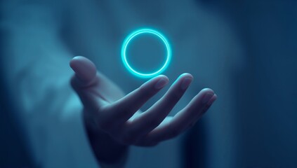 Futuristic glowing circle hovering above an open palm, symbolizing innovation, potential, and a bright future in the digital age with a calming, blue ambiance