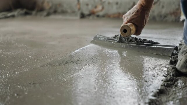 Construction worker smoothing wet concrete floor with trowel during building renovation.